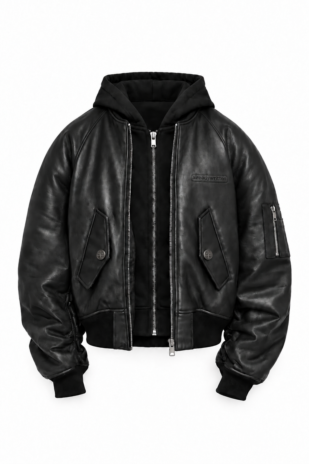 ALREADY WRITTEN Hooded Leather Bomber front studio view