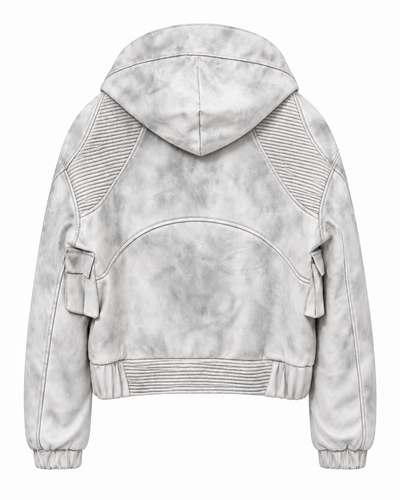 ALREADY WRITTEN Dirt-White Leather Motobomber — back studio view