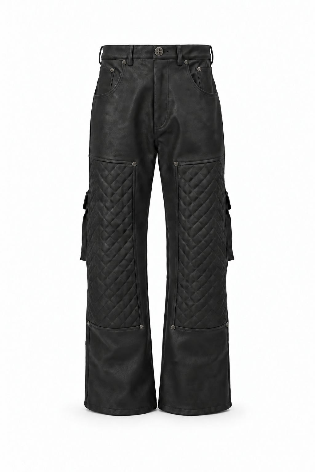 ALREADY WRITTEN Leather Utility Pant front — corrected custom hardware