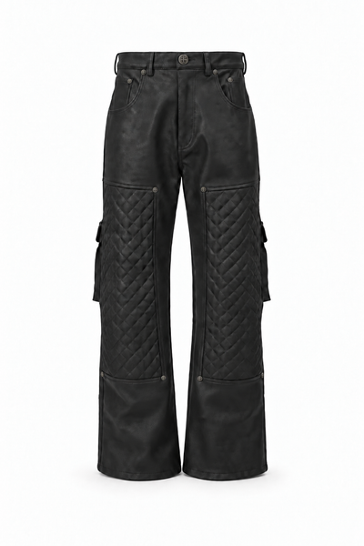 ALREADY WRITTEN Leather Utility Pant front — corrected custom hardware