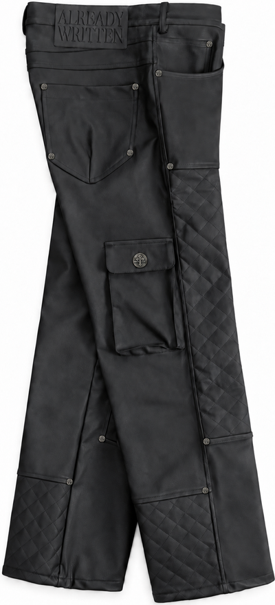 ALREADY WRITTEN Leather Utility Pant side — corrected custom hardware