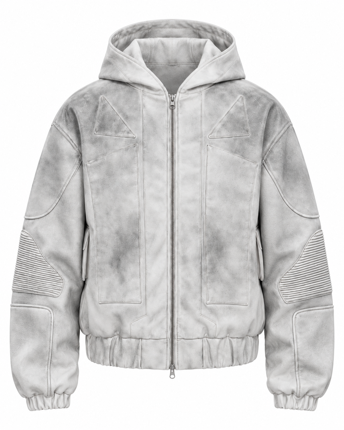 ALREADY WRITTEN Dirt-White Leather Motobomber front studio view