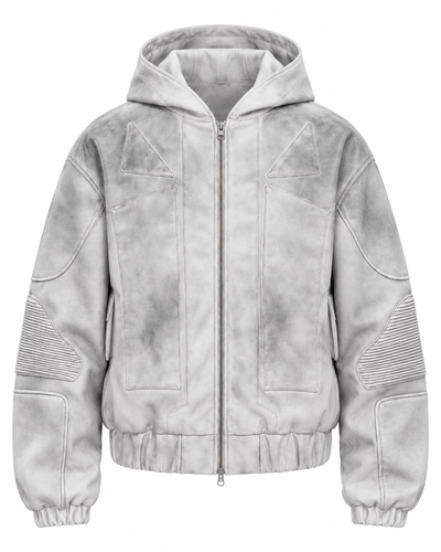 ALREADY WRITTEN Dirt-White Leather Motobomber front studio view